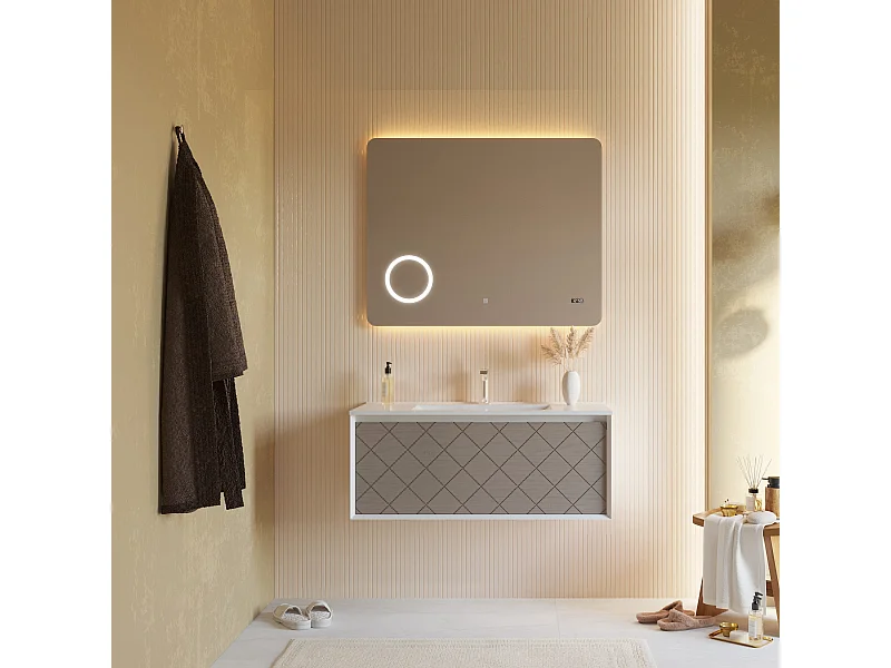 Armoire De Salle De Bain 100Cm Blanc Mat Et Gris Avec Miroir Led Intégré  | Miami