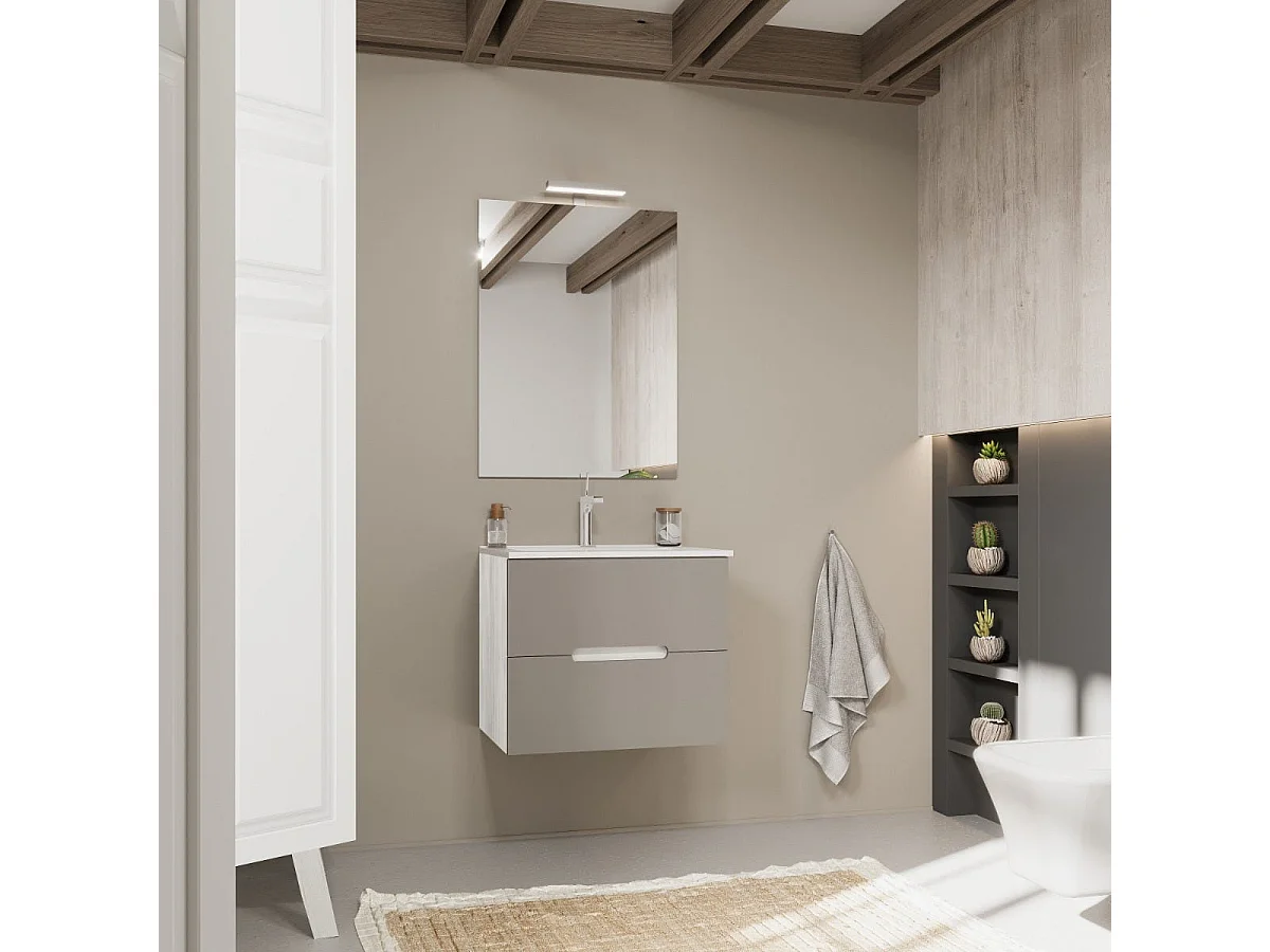 Meuble De Salle De Bain 60Cm Chêne Blanc Et 2 Tiroirs Gris Mat | Magnolia