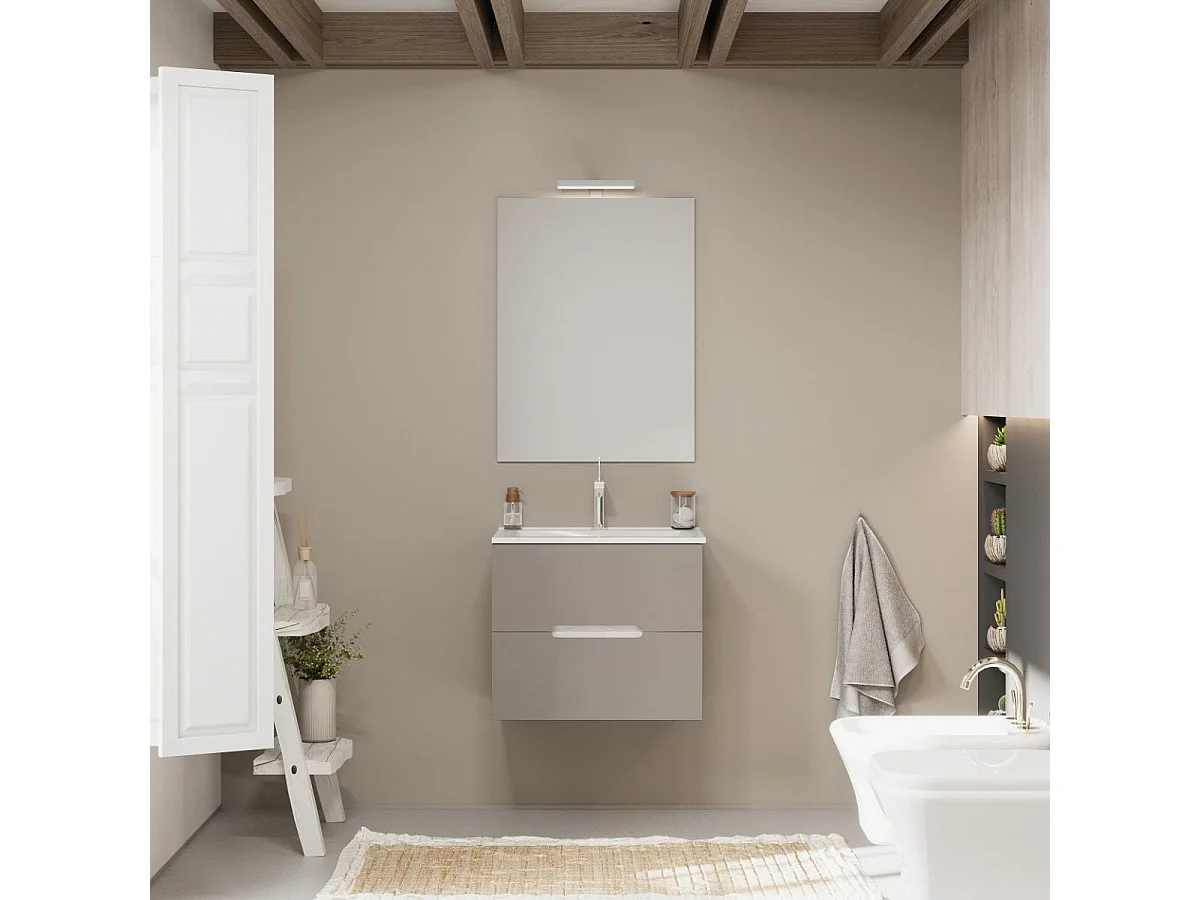 Meuble De Salle De Bain 60Cm Chêne Blanc Et 2 Tiroirs Gris Mat | Magnolia