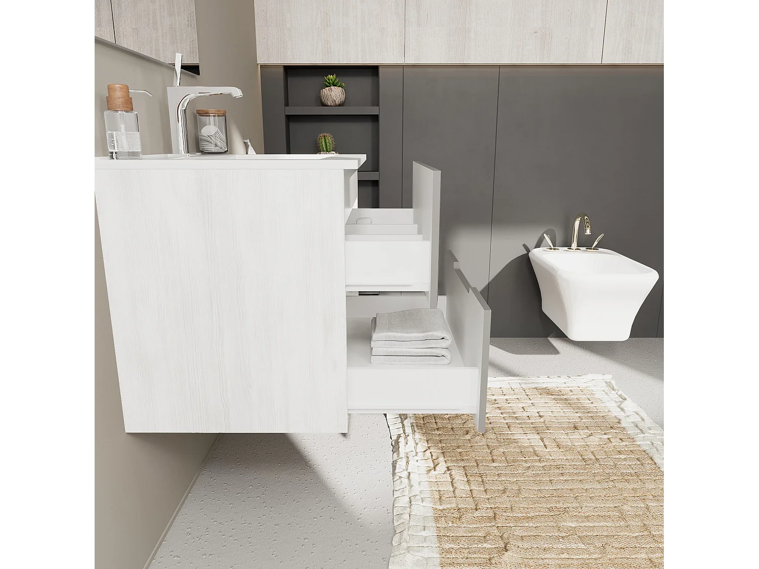 Meuble De Salle De Bain 60Cm Chêne Blanc Et 2 Tiroirs Gris Mat | Magnolia