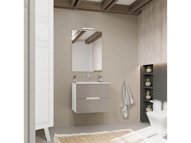 Meuble De Salle De Bain 60Cm Chêne Blanc Et 2 Tiroirs Gris Mat | Magnolia