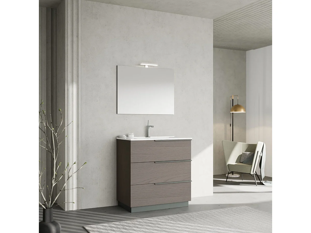 Meuble Sur Pied 80Cm Gris Avec Miroir 80X60 Avec Lampe| New York