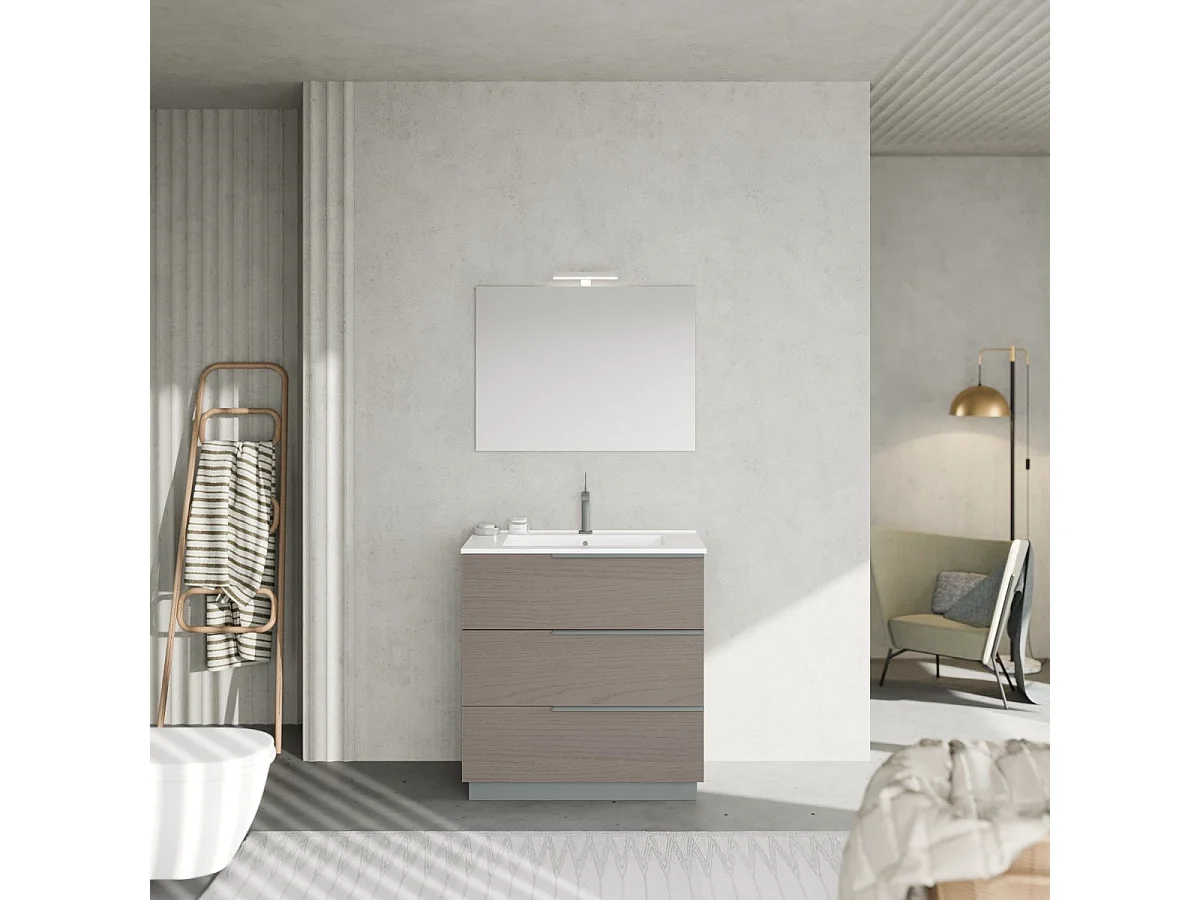 Meuble Sur Pied 80Cm Gris Avec Miroir 80X60 Avec Lampe| New York