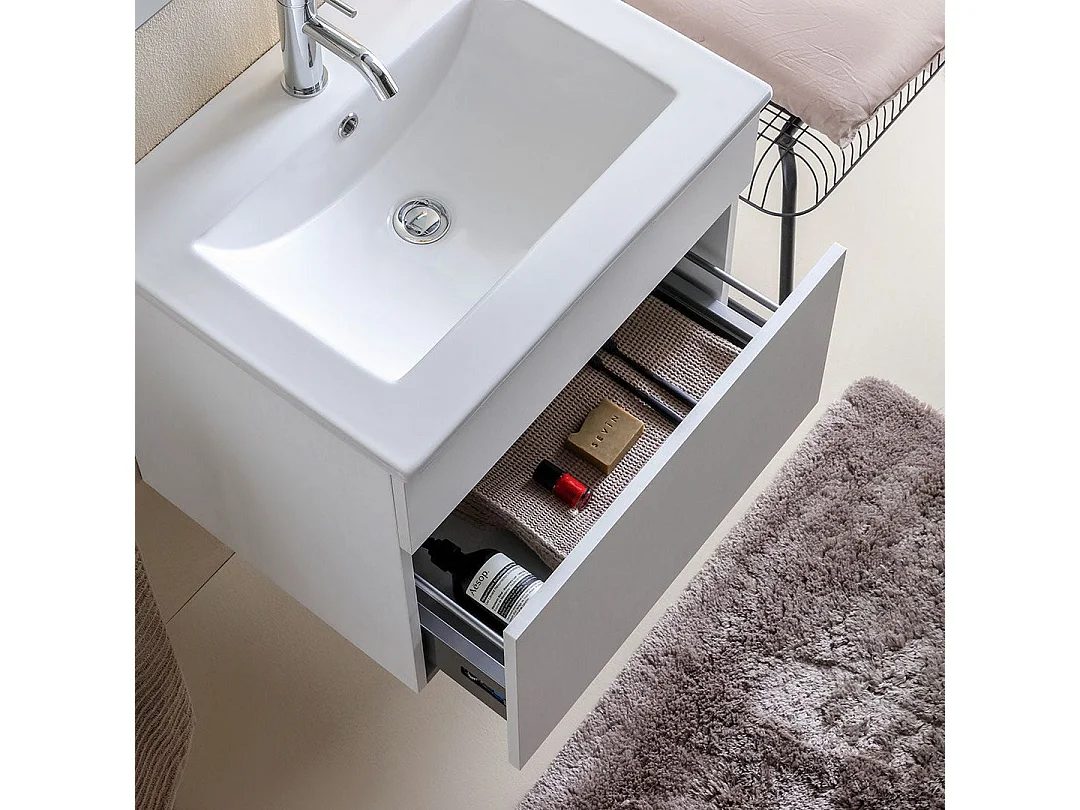 Meuble De Salle De Bain Suspendu 60 Cm Blanc Bois | Sole