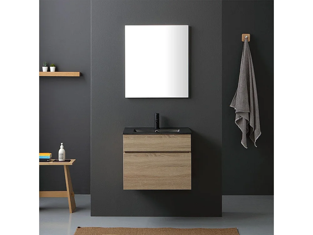 Meuble Suspendu Chêne Well Pour Salle De Bain 60Cm Avec Lavabo Noir Mat | Sole
