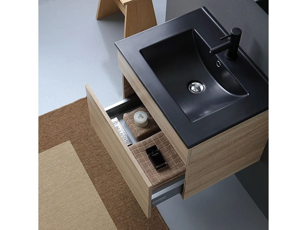 Meuble Suspendu Chêne Well Pour Salle De Bain 60Cm Avec Lavabo Noir Mat | Sole