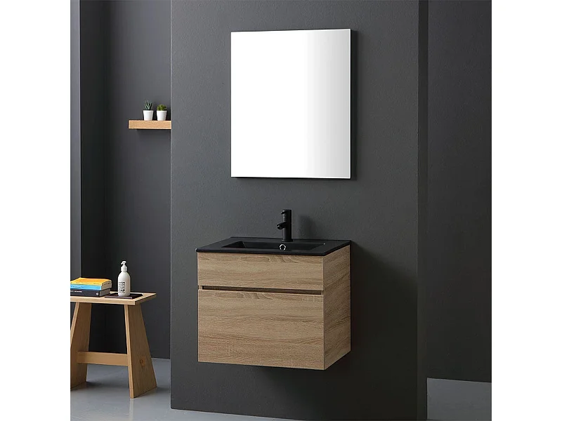 Meuble Suspendu Chêne Well Pour Salle De Bain 60Cm Avec Lavabo Noir Mat | Sole