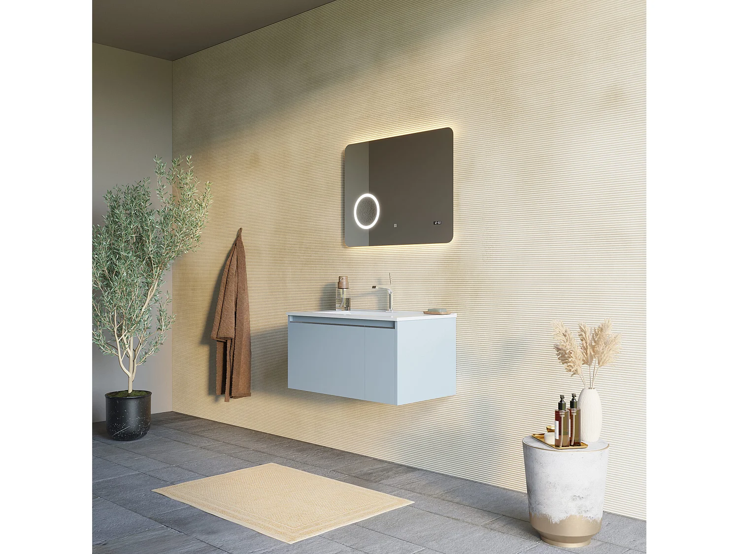 Armoire De Toilette Suspendue De 80 Bleu Clair Matcm Avec Lavabo Et Miroir  | Monaco