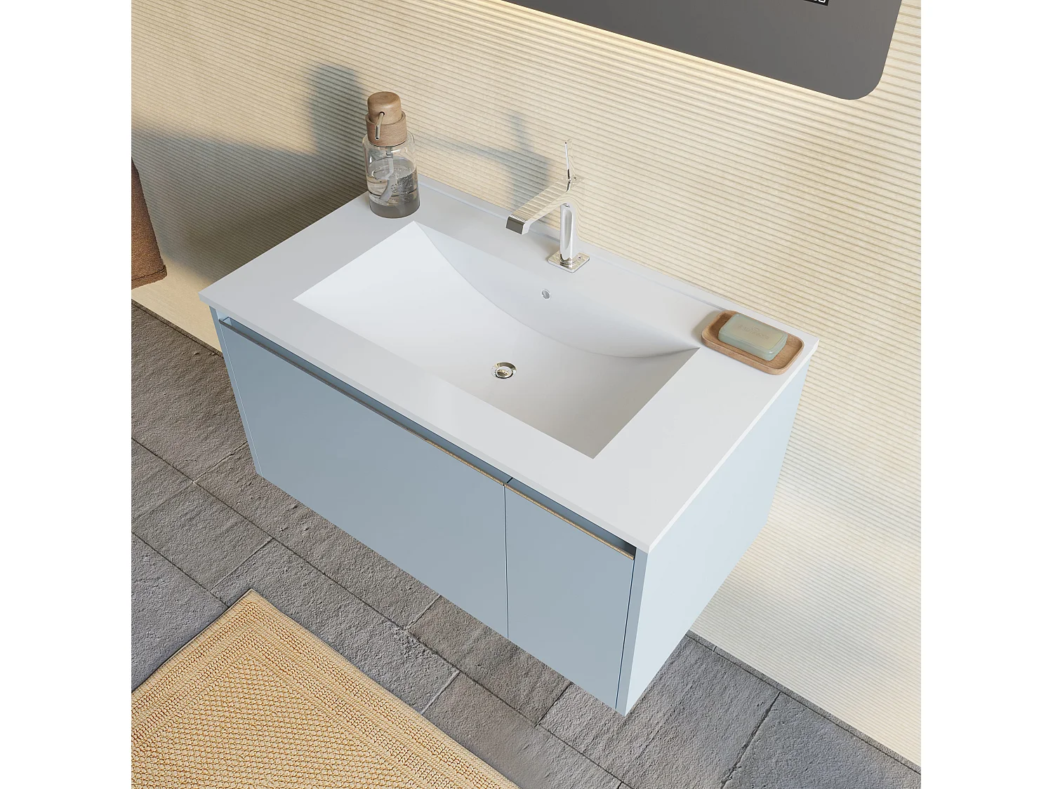 Armoire De Toilette Suspendue De 80 Bleu Clair Matcm Avec Lavabo Et Miroir  | Monaco