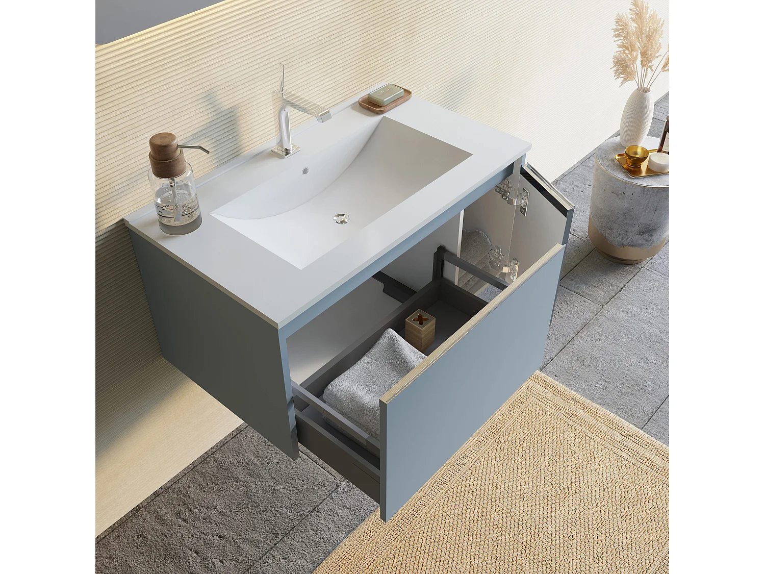 Armoire De Toilette Suspendue De 80 Bleu Clair Matcm Avec Lavabo Et Miroir  | Monaco