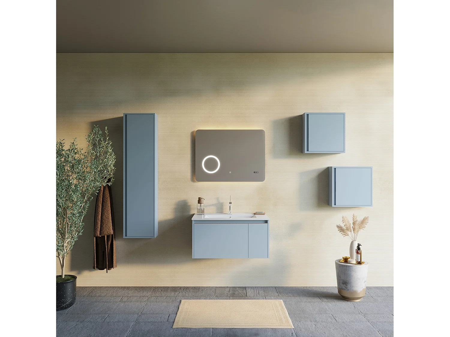 Armoire De Toilette Suspendue De 80 Bleu Clair Matcm Avec Lavabo Et Miroir  | Monaco