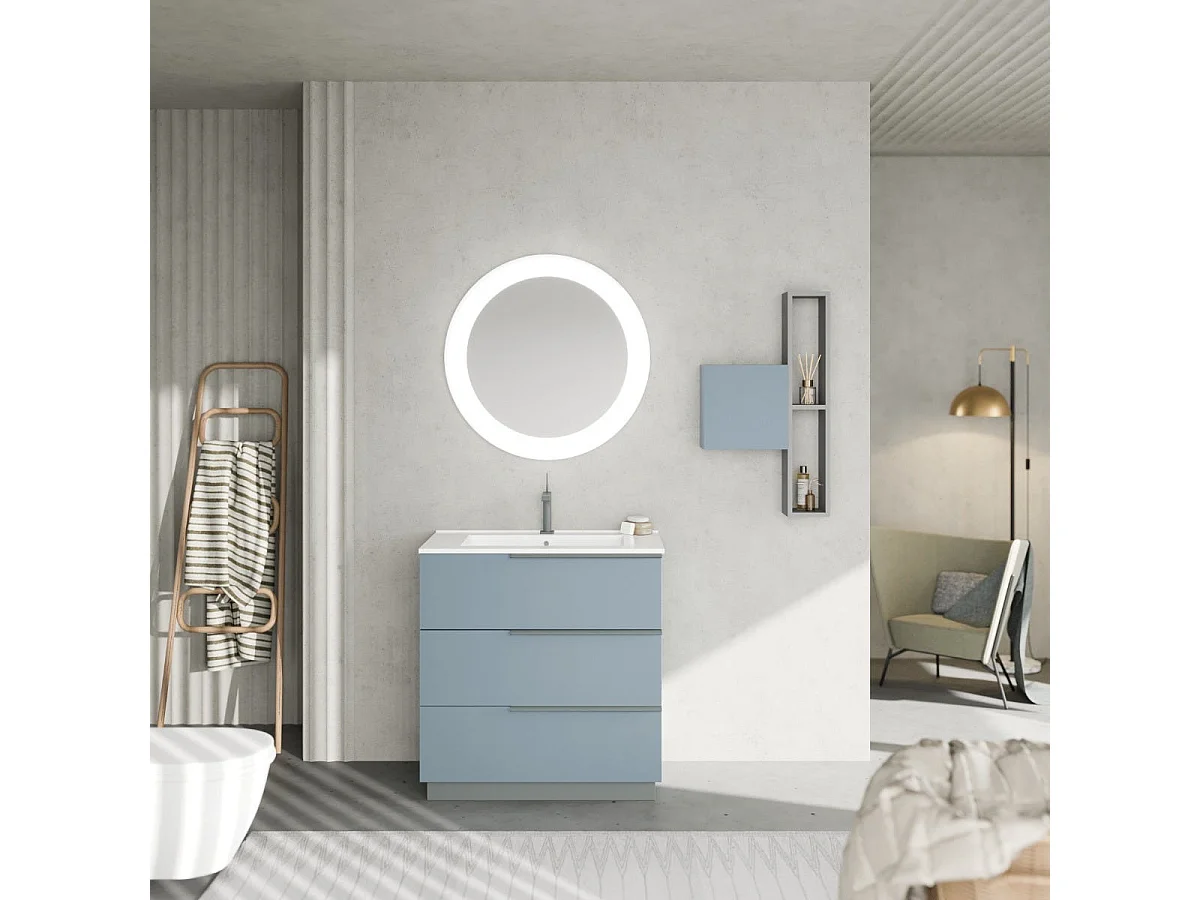Meuble De Salle De Bain Sur Pied 80Cm 3 Tiroirs Bleu Clair Mat Et Miroir | New York