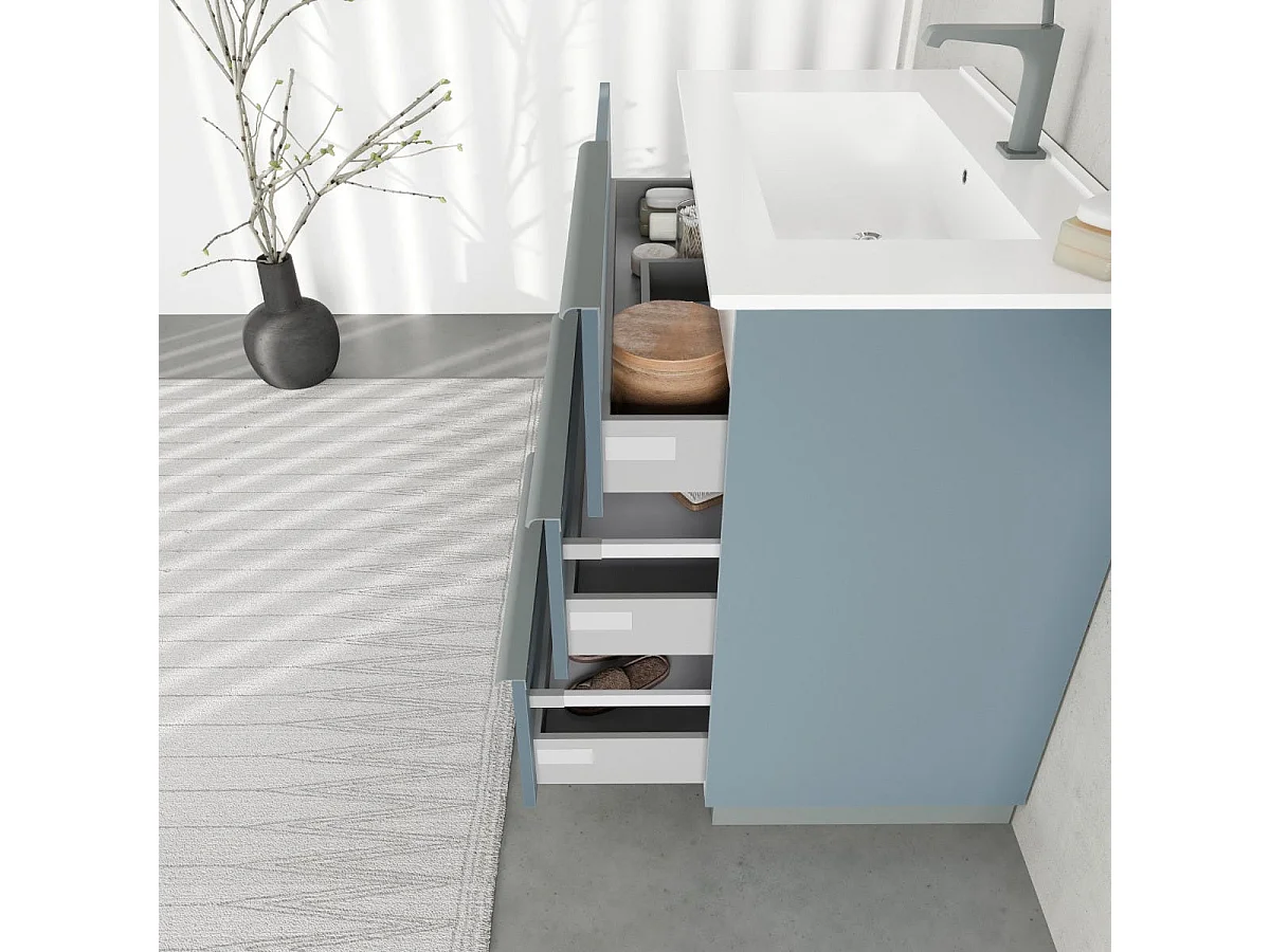 Meuble De Salle De Bain Sur Pied 80Cm 3 Tiroirs Bleu Clair Mat Et Miroir | New York