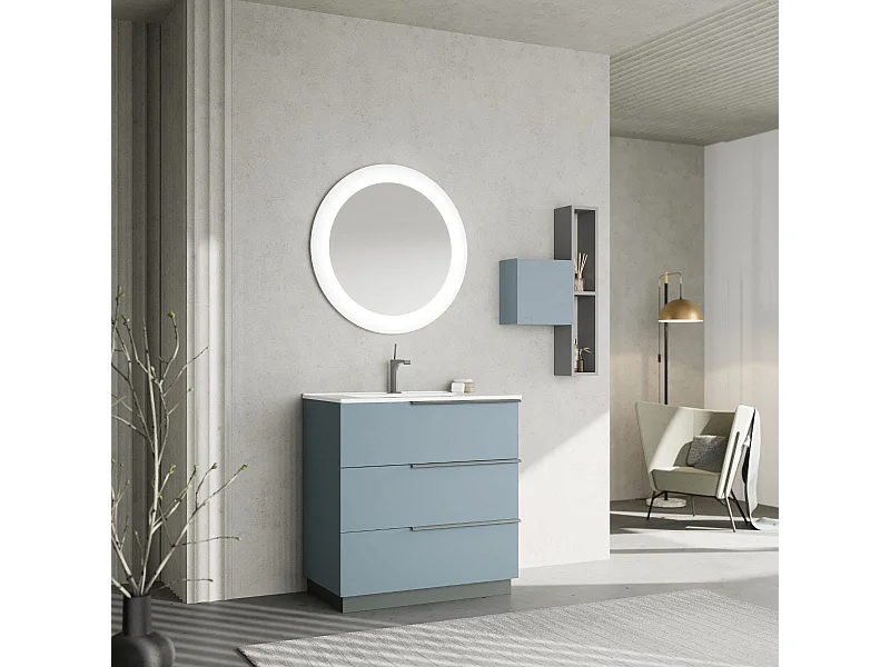 Meuble De Salle De Bain Sur Pied 80Cm 3 Tiroirs Bleu Clair Mat Et Miroir | New York