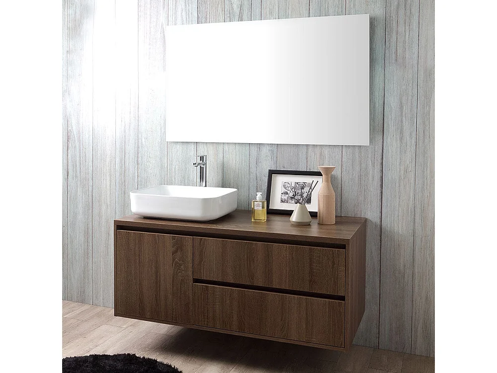 Meuble De Salle De Bain Suspendu Avec Aspect En Bois De Noyer Foncé 120Cm Et Miroir Avec Bords Polis | Siena