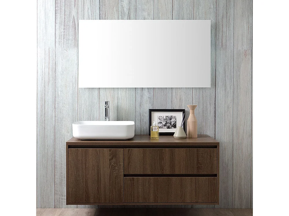 Meuble De Salle De Bain Suspendu Avec Aspect En Bois De Noyer Foncé 120Cm Et Miroir Avec Bords Polis | Siena