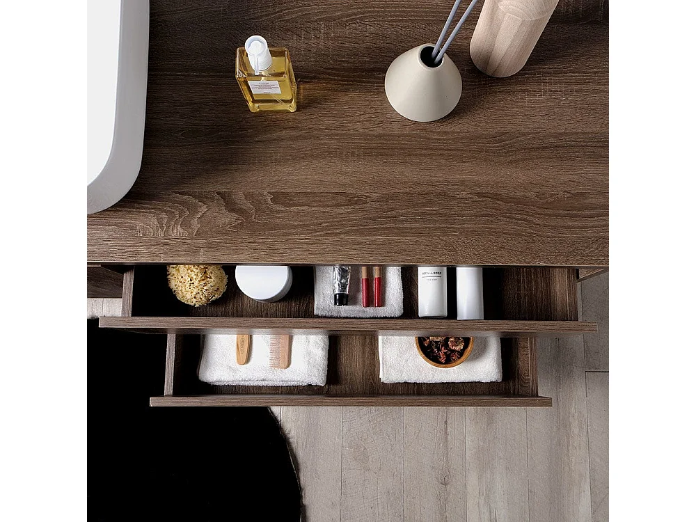 Meuble De Salle De Bain Suspendu Avec Aspect En Bois De Noyer Foncé 120Cm Et Miroir Avec Bords Polis | Siena