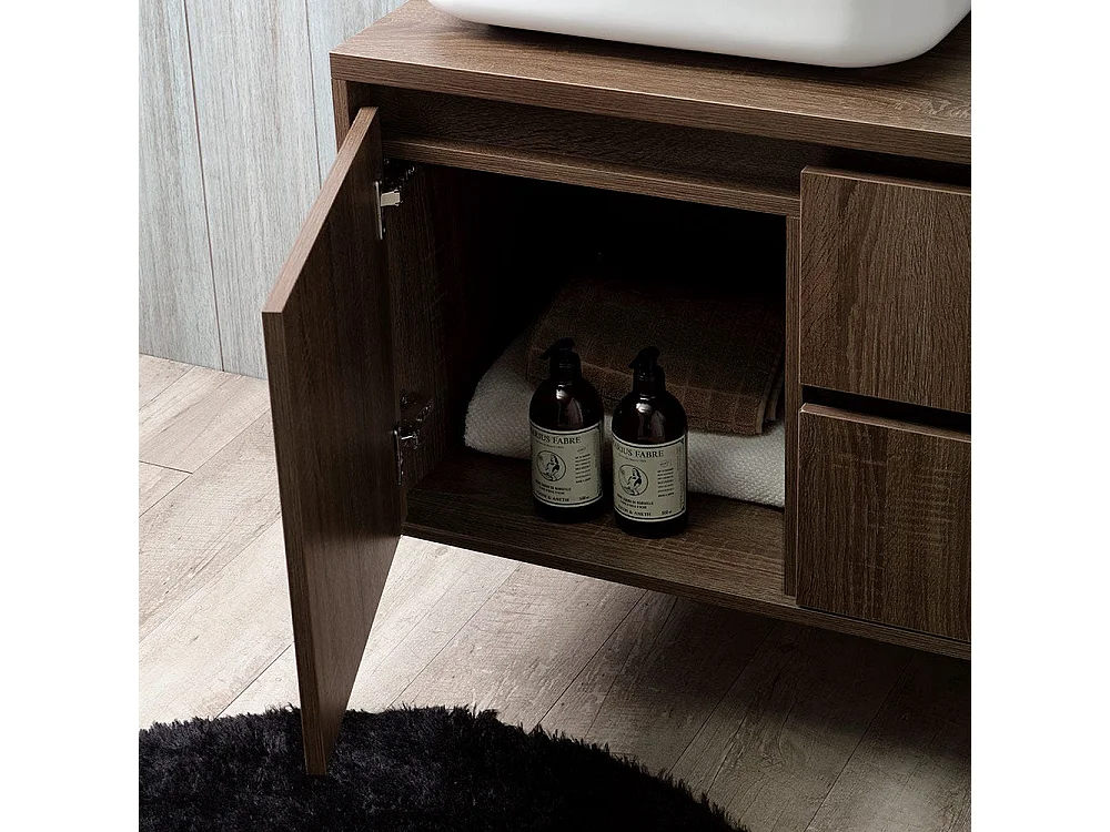 Meuble De Salle De Bain Suspendu Avec Aspect En Bois De Noyer Foncé 120Cm Et Miroir Avec Bords Polis | Siena