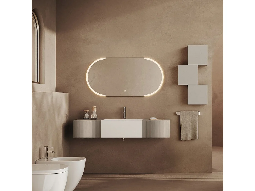 Meuble De Salle De Bains Suspendu 140Cm 2 Tiroirs Gris Perle Et Miroir Oval 120 Cm | Rodi