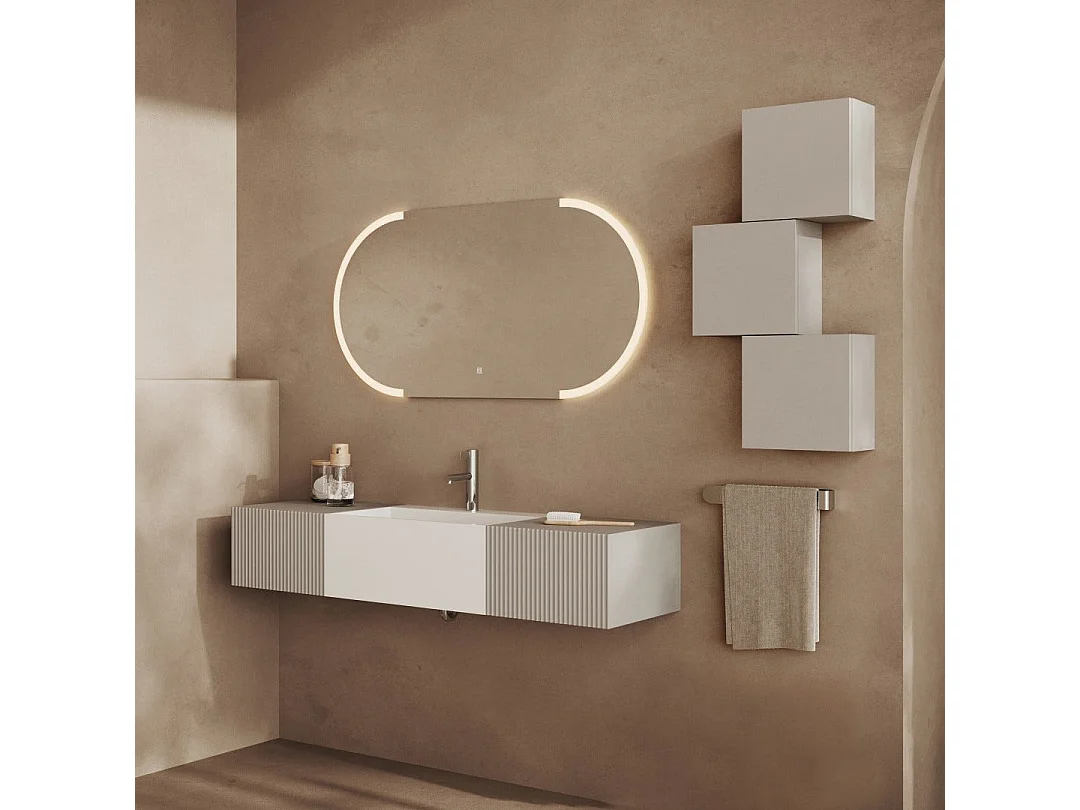 Meuble De Salle De Bains Suspendu 140Cm 2 Tiroirs Gris Perle Et Miroir Oval 120 Cm | Rodi