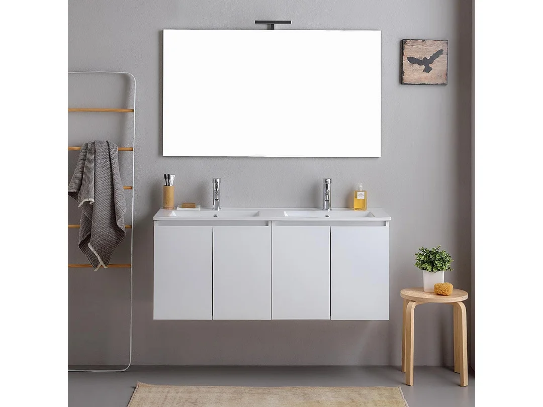 Meuble De Salle De Bains Suspendu 120Cm Blanc Avec Portes Et Double Lavabo | Bilbao