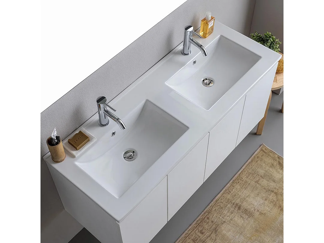 Meuble De Salle De Bains Suspendu 120Cm Blanc Avec Portes Et Double Lavabo | Bilbao