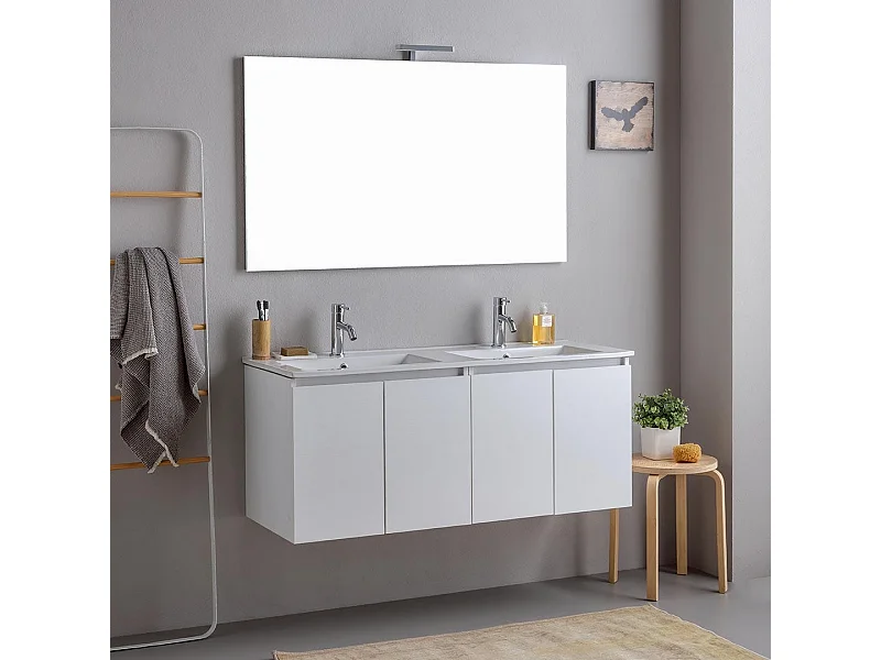 Meuble De Salle De Bains Suspendu 120Cm Blanc Avec Portes Et Double Lavabo | Bilbao