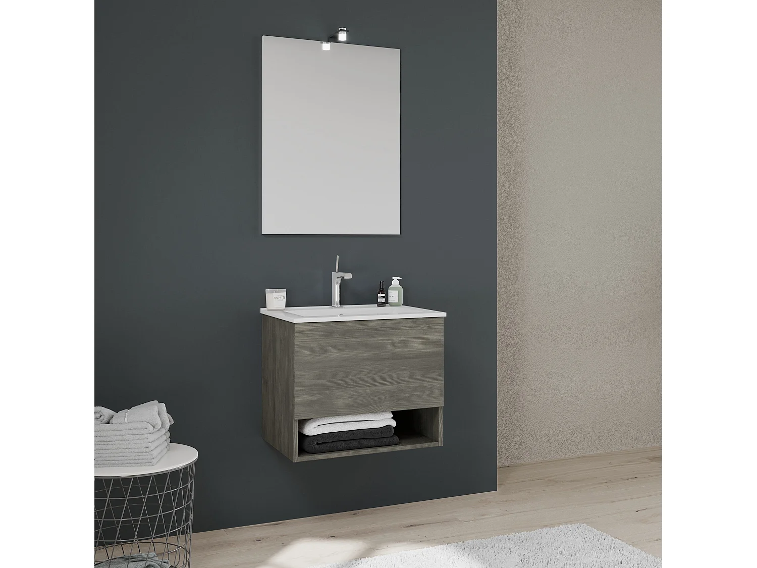 Meuble De Salle De Bain Suspendu 60Cm, Tiroir+Compartiment Ouvert En Gris Foncé | Venezia