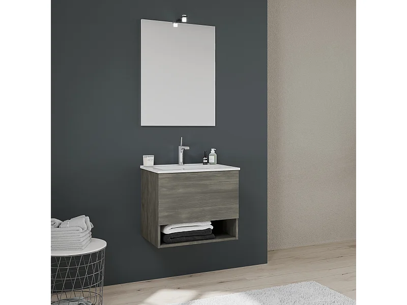 Meuble De Salle De Bain Suspendu 60Cm, Tiroir+Compartiment Ouvert En Gris Foncé | Venezia