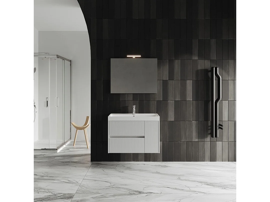 Mobilier De Salle De Bain 2 Tiroirs Blanc Mat Cannelé 80Cm | Cortina