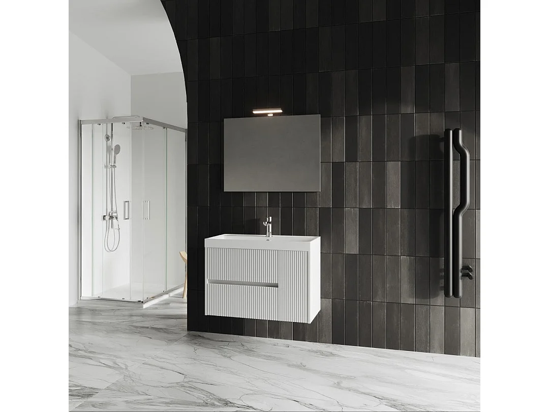 Mobilier De Salle De Bain 2 Tiroirs Blanc Mat Cannelé 80Cm | Cortina