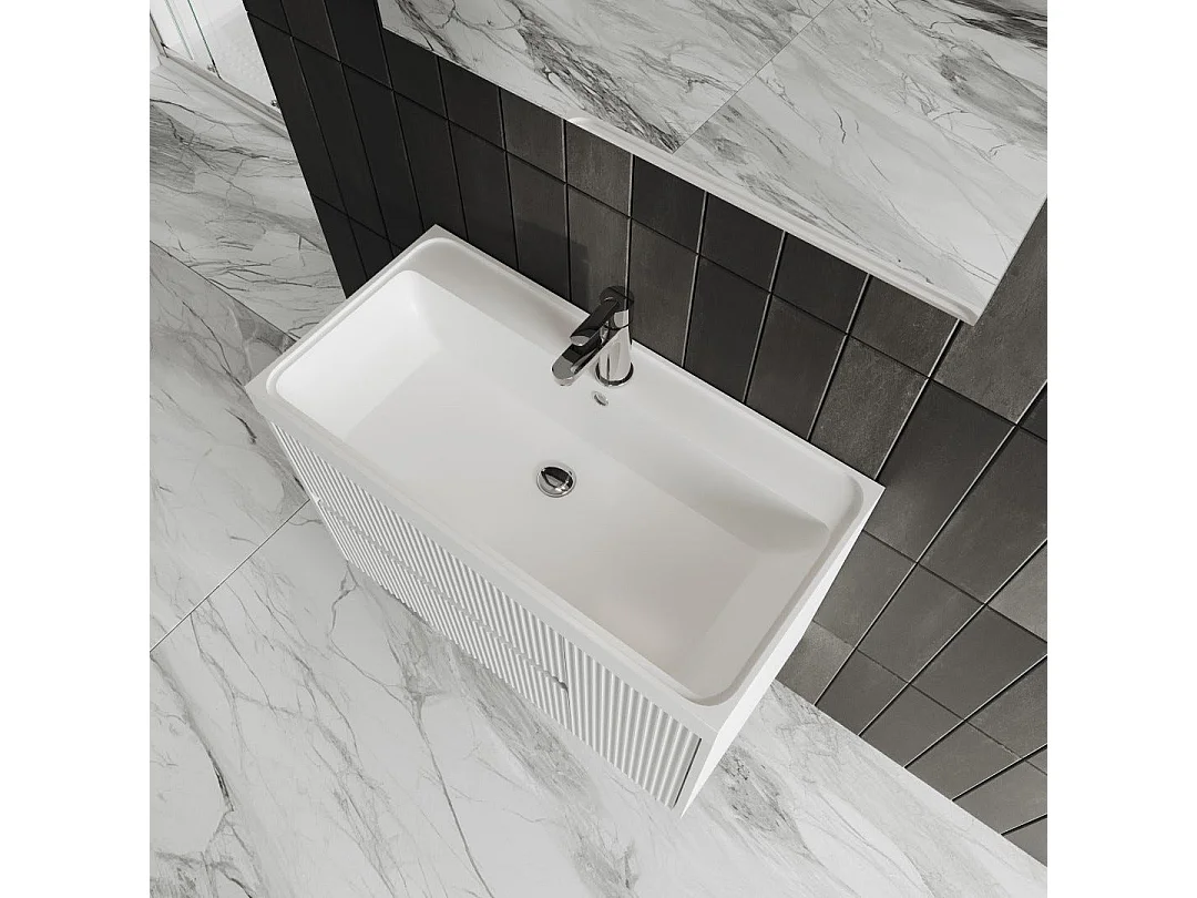 Mobilier De Salle De Bain 2 Tiroirs Blanc Mat Cannelé 80Cm | Cortina