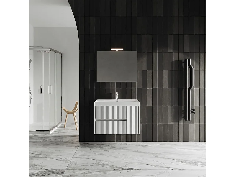 Mobilier De Salle De Bain 2 Tiroirs Blanc Mat Cannelé 80Cm | Cortina