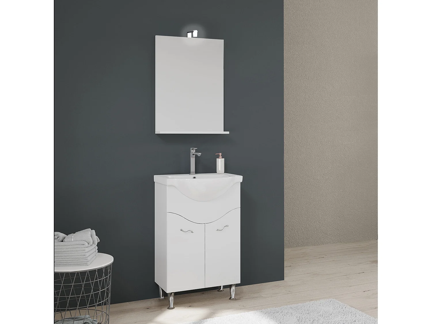 Meuble De Salle De Bains Au Sol De 56,5 Cm Avec Lavabo Et Miroir Blanc | Easy