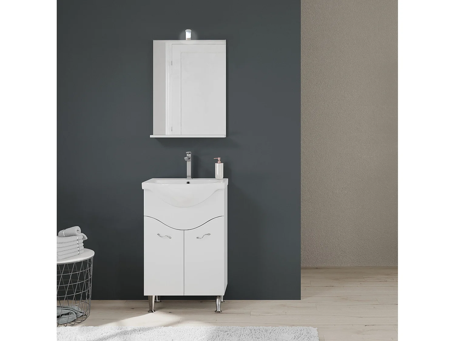 Meuble De Salle De Bains Au Sol De 56,5 Cm Avec Lavabo Et Miroir Blanc | Easy
