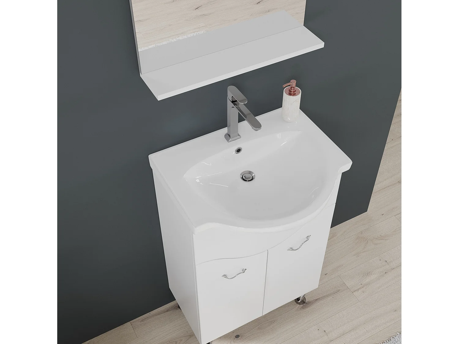 Meuble De Salle De Bains Au Sol De 56,5 Cm Avec Lavabo Et Miroir Blanc | Easy