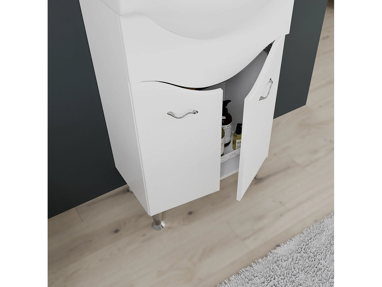 Meuble De Salle De Bains Au Sol De 56,5 Cm Avec Lavabo Et Miroir Blanc | Easy