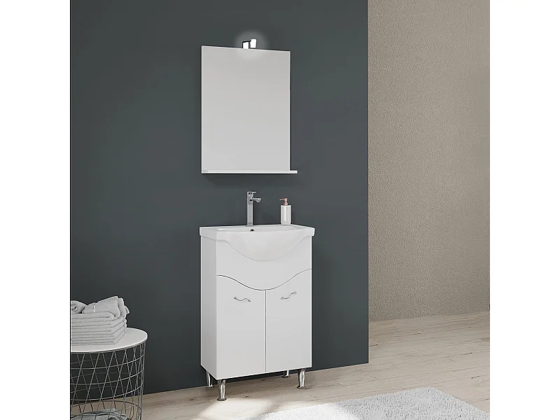 Meuble De Salle De Bains Au Sol De 56,5 Cm Avec Lavabo Et Miroir Blanc | Easy