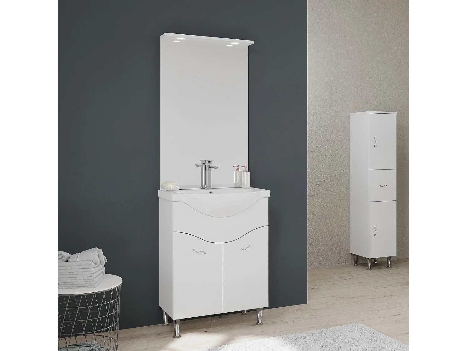 Meuble De Salle De Bain Sur Pieds 65Cm 2 Portes Blanc Brillant, Miroir Avec Led | Easy