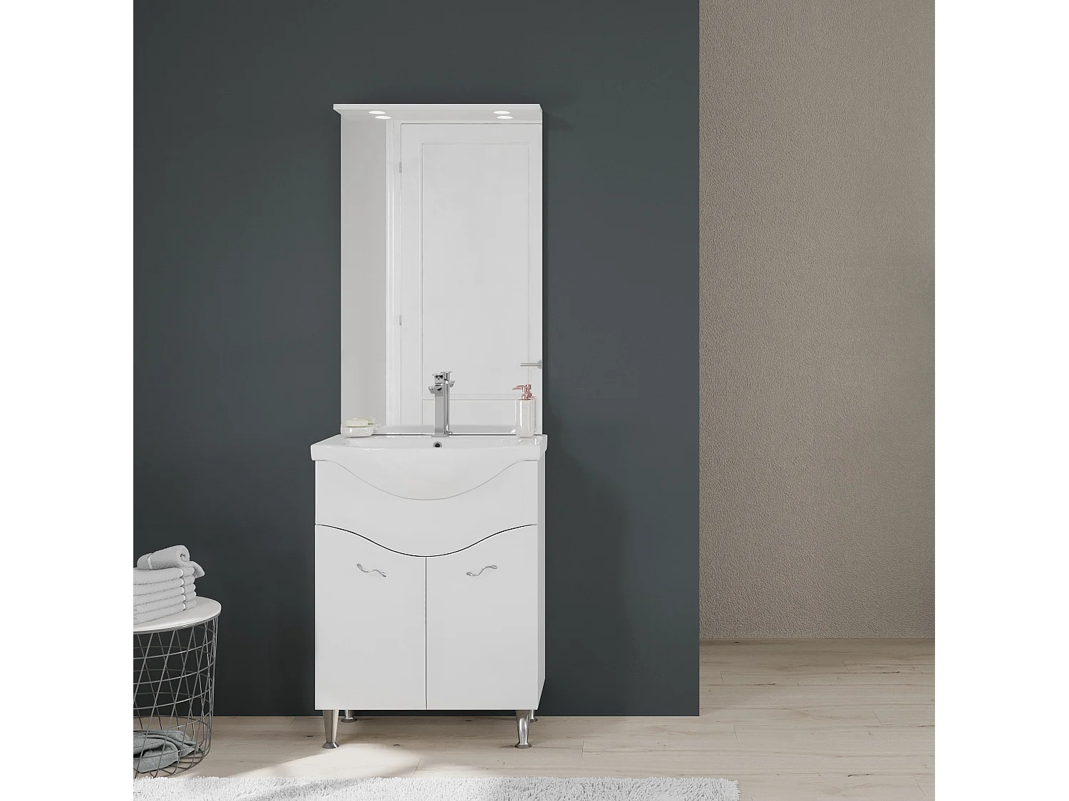 Meuble De Salle De Bain Sur Pieds 65Cm 2 Portes Blanc Brillant, Miroir Avec Led | Easy