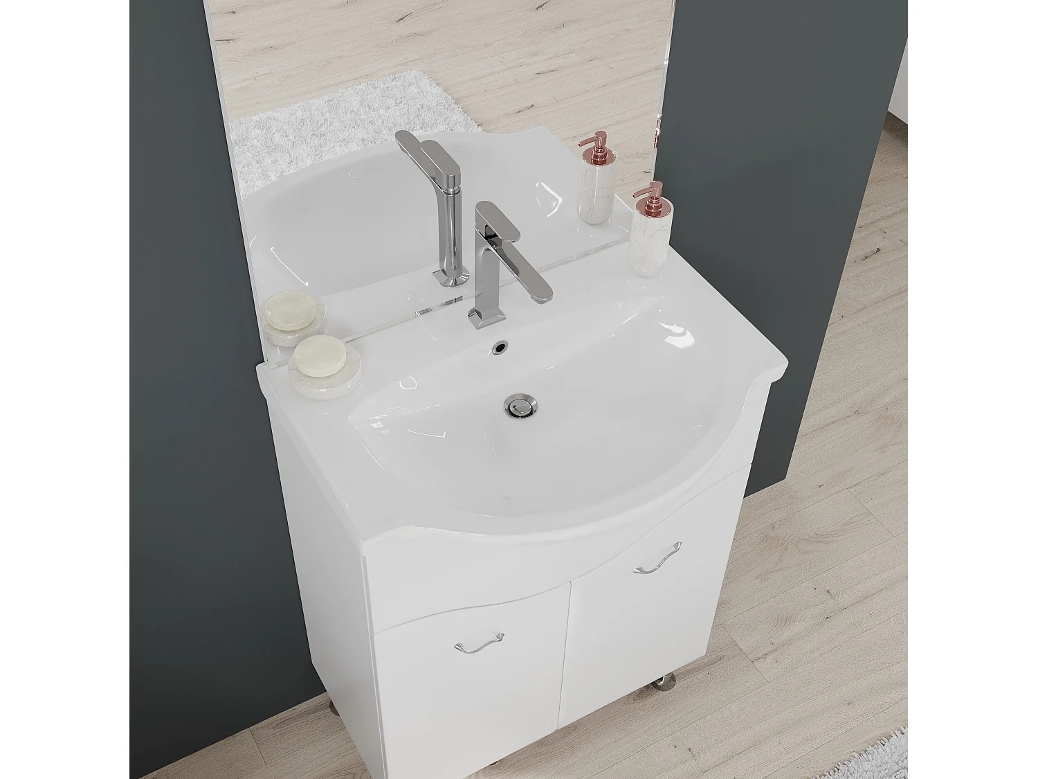 Meuble De Salle De Bain Sur Pieds 65Cm 2 Portes Blanc Brillant, Miroir Avec Led | Easy