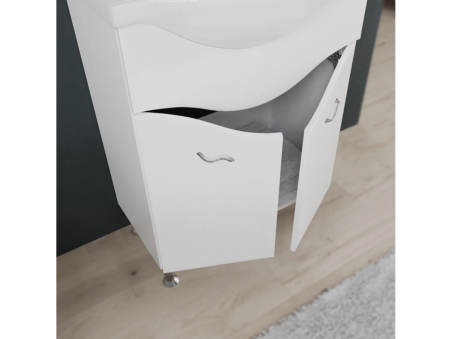 Meuble De Salle De Bain Sur Pieds 65Cm 2 Portes Blanc Brillant, Miroir Avec Led | Easy