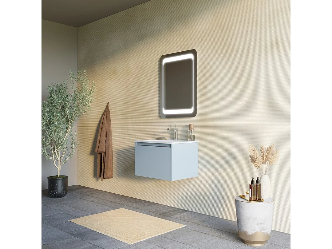 Armoire De Toilette Avec Tiroir 60Cm Bleu Clair Mat Et Miroir 60X80| Monaco