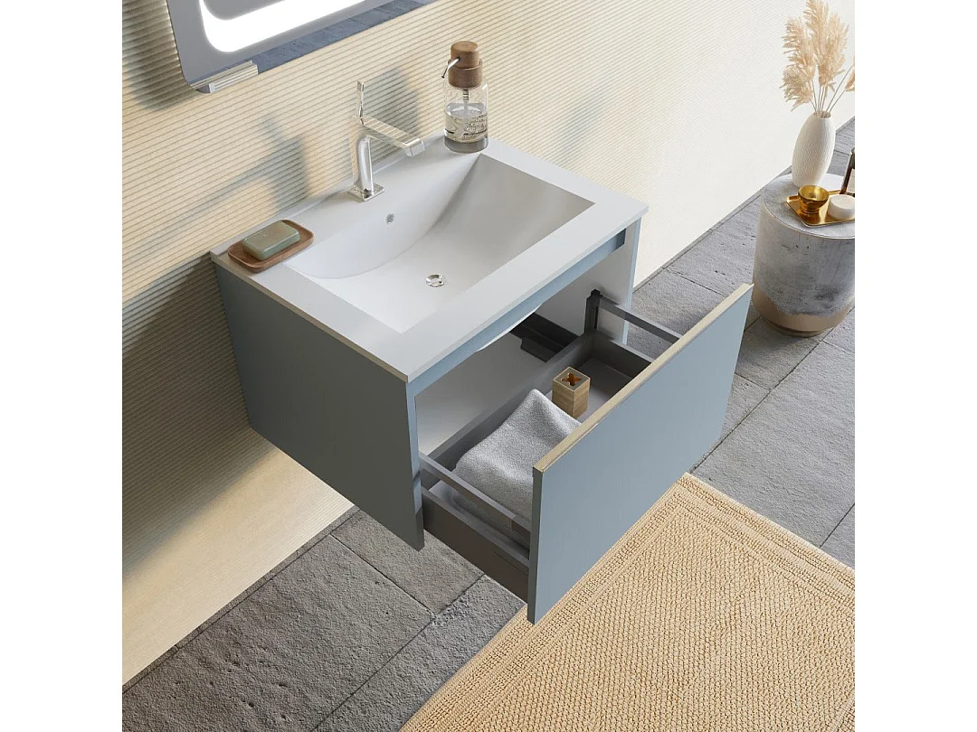 Armoire De Toilette Avec Tiroir 60Cm Bleu Clair Mat Et Miroir 60X80| Monaco