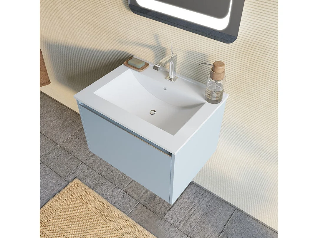 Armoire De Toilette Avec Tiroir 60Cm Bleu Clair Mat Et Miroir 60X80| Monaco