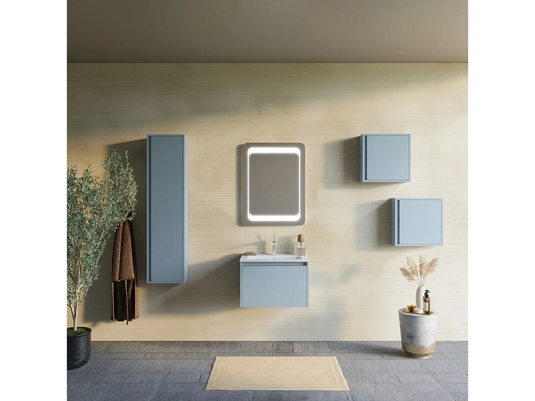 Armoire De Toilette Avec Tiroir 60Cm Bleu Clair Mat Et Miroir 60X80| Monaco