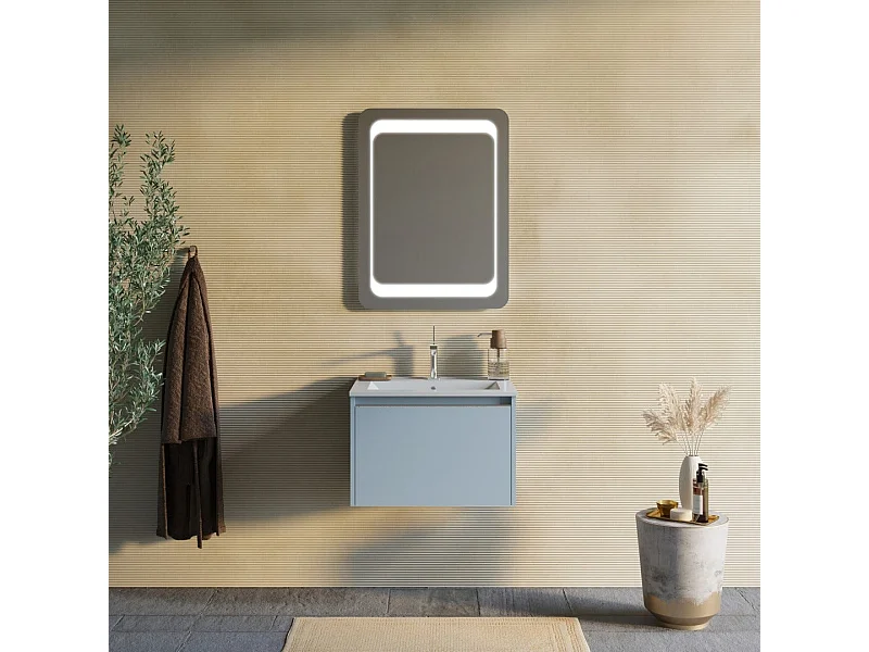 Armoire De Toilette Avec Tiroir 60Cm Bleu Clair Mat Et Miroir 60X80| Monaco