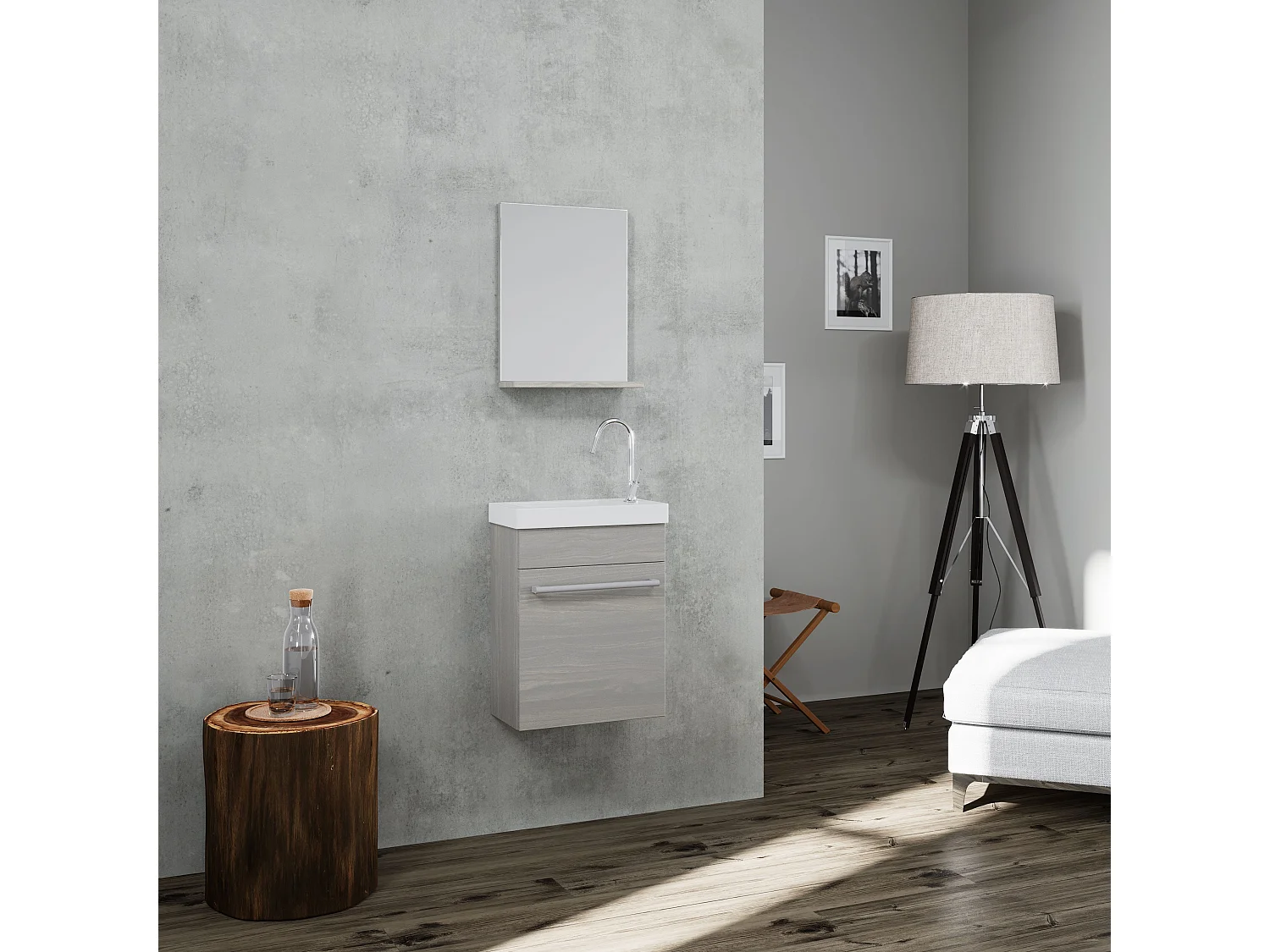 Meuble De Rangement Pour Salle De Bain Suspendu 42Cm Gris Aspect Bois | Smart