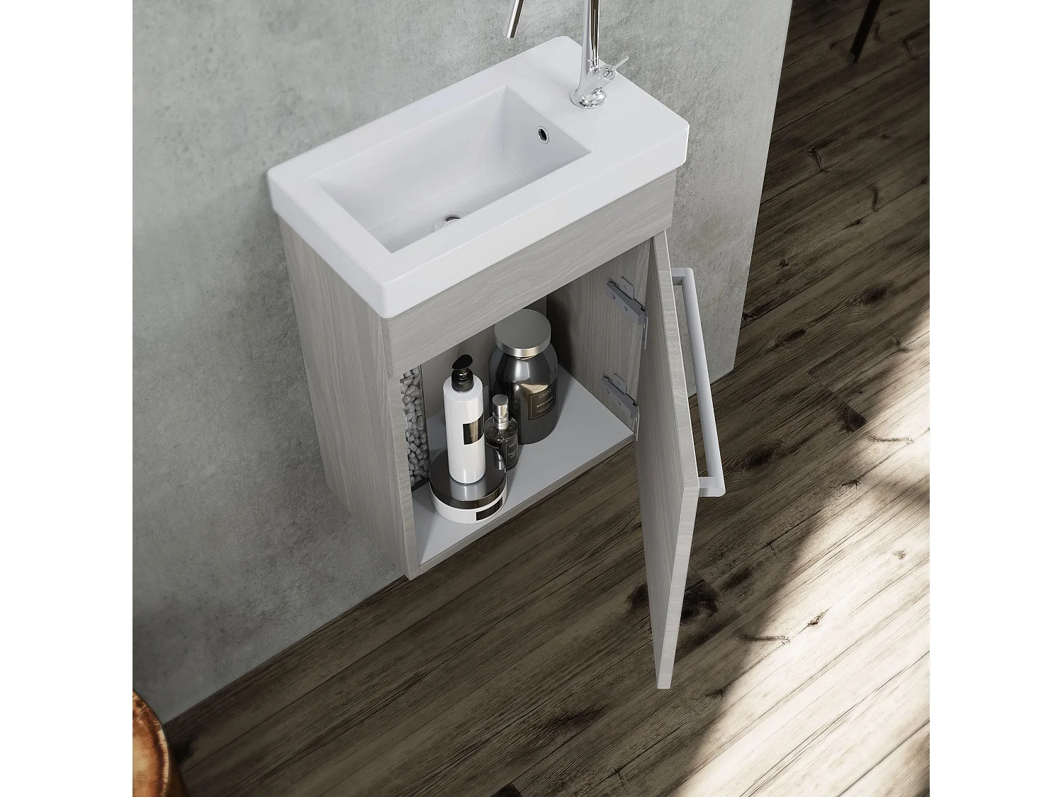 Meuble De Rangement Pour Salle De Bain Suspendu 42Cm Gris Aspect Bois | Smart