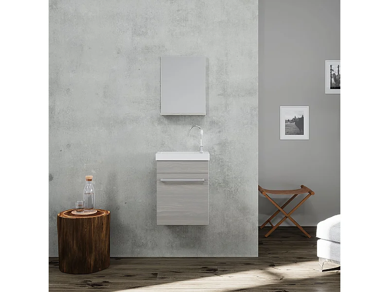 Meuble De Rangement Pour Salle De Bain Suspendu 42Cm Gris Aspect Bois | Smart